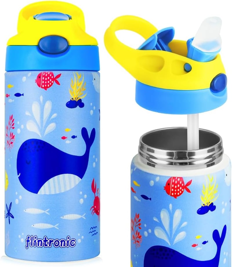 flintronic 350ml Rozsdamentes Gyerek Kulacs Szívószállal, Szorítómentes Ivópalack Óvodásoknak és Iskolásoknak