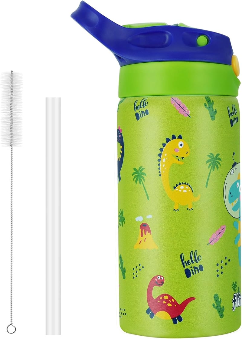 flintronic 350ml Rozsdamentes Gyerek Kulacs Szívószállal, Szorítható Ivópalack Óvodásoknak - BPA Mentes