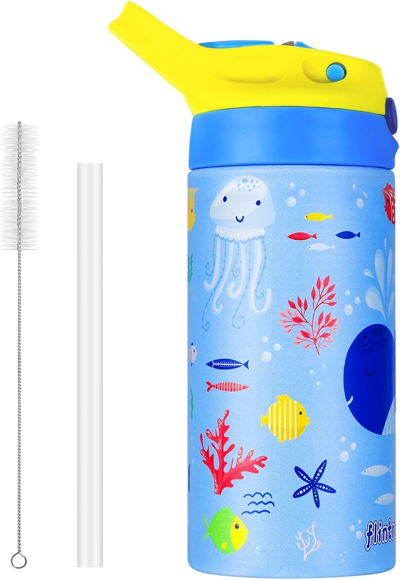 flintronic 350ml Rozsdamentes Gyerek Kulacs Szívószállal, Szorítómentes Ivópalack Óvodásoknak és Iskolásoknak