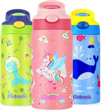 flintronic 350ml Rozsdamentes Gyerek Kulacs Szívószállal, Szorítható Ivópalack Óvodásoknak - BPA Mentes 1