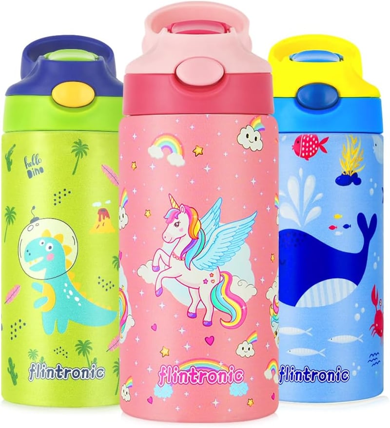 flintronic 350ml Rozsdamentes Gyerek Kulacs Szívószállal, Szorítható Ivópalack Óvodásoknak - BPA Mentes