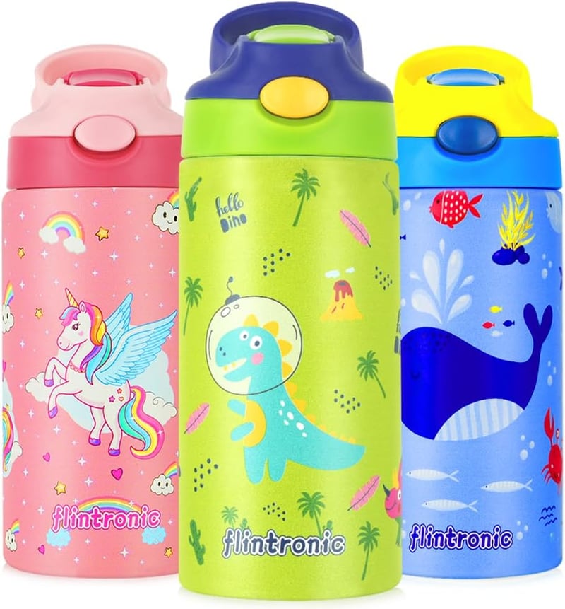 flintronic 350ml Rozsdamentes Gyerek Kulacs Szívószállal, Szorítható Ivópalack Óvodásoknak - BPA Mentes