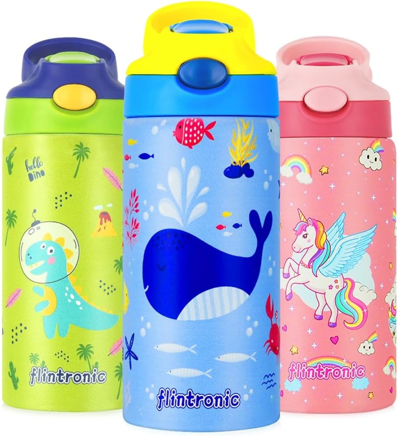 flintronic 350ml Rozsdamentes Gyerek Kulacs Szívószállal, Szorítómentes Ivópalack Óvodásoknak és Iskolásoknak