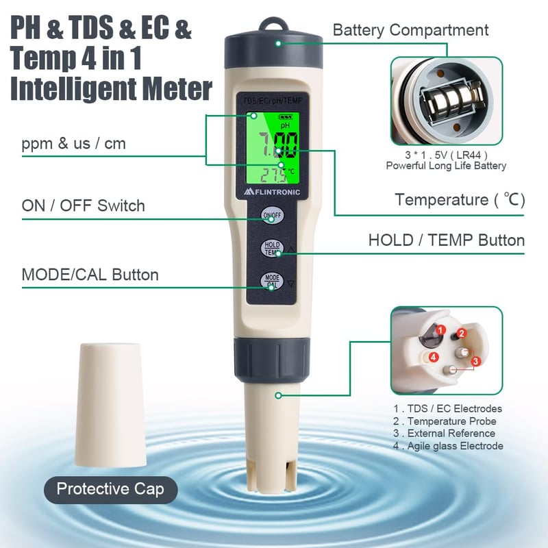 flintronic 4 az 1-ben pH Mérő - pH/TDS/EC/Hőmérséklet Vízminőség Teszter LCD Kijelzővel, 0-14 pH Tartomány, Medence, Ivóvíz, Akvárium Vizsgá