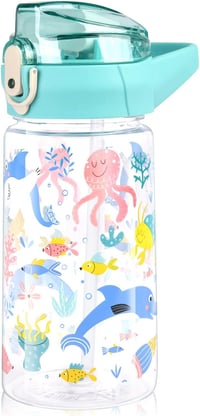 flintronic Sticlă de apă pentru copii cu pai, fără BPA, etanșă - cyan - 500 ml 1
