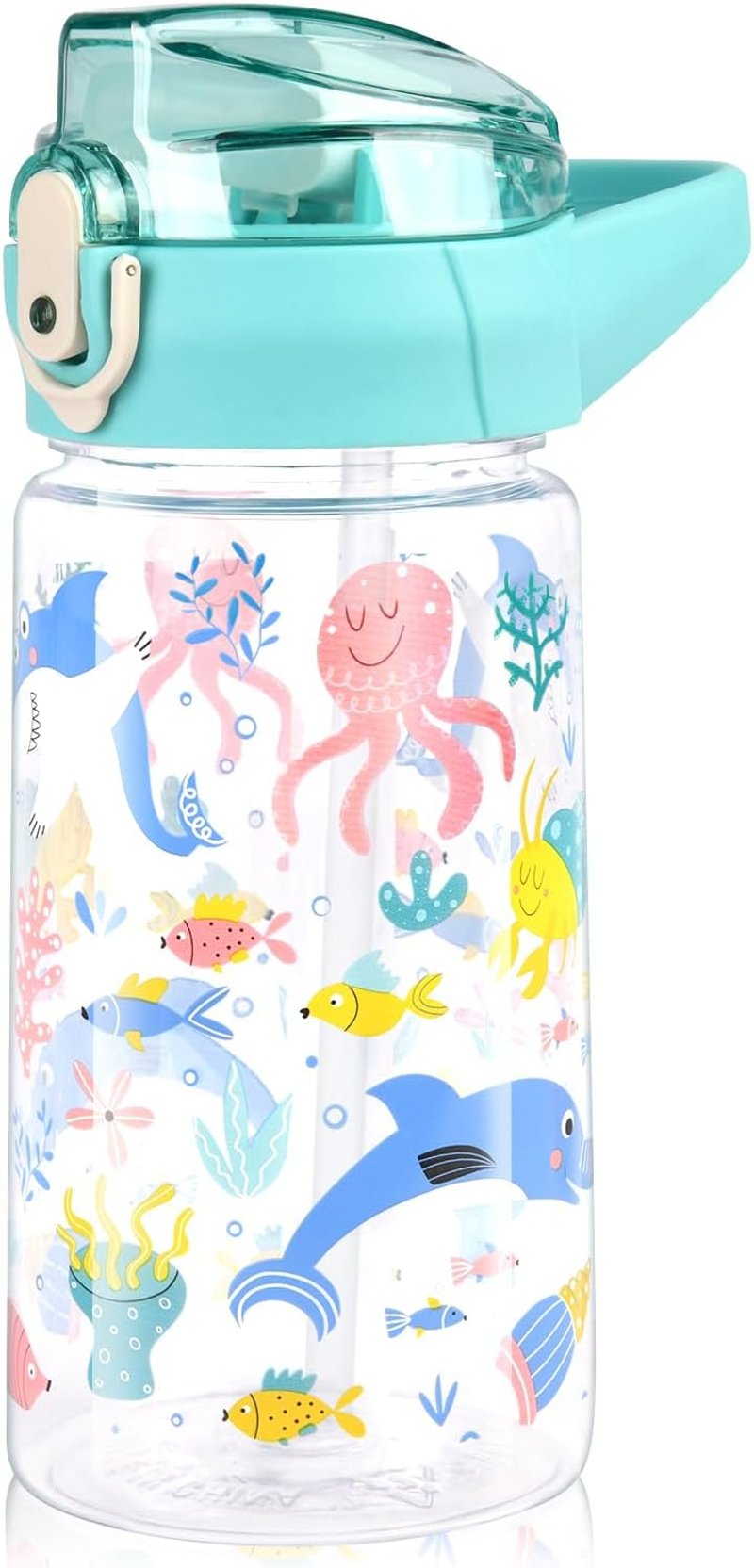flintronic Sticlă de apă pentru copii cu pai, fără BPA, etanșă - cyan - 500 ml