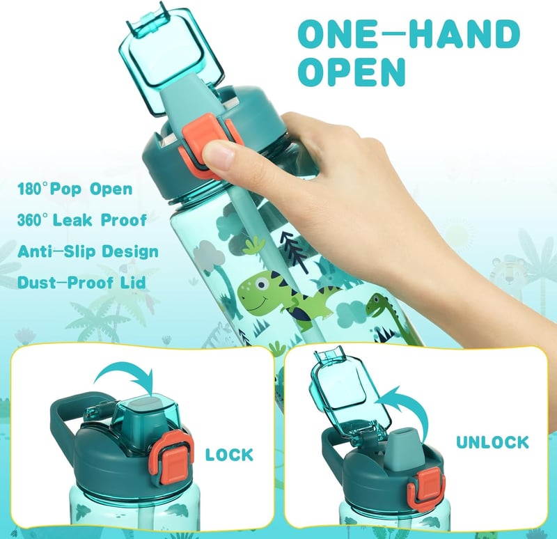 flintronic 600 ml Gyerek Ivópalack Szívószállal, BPA-Mentes Sportpalack Szivárgásmentes Fedéllel Kék