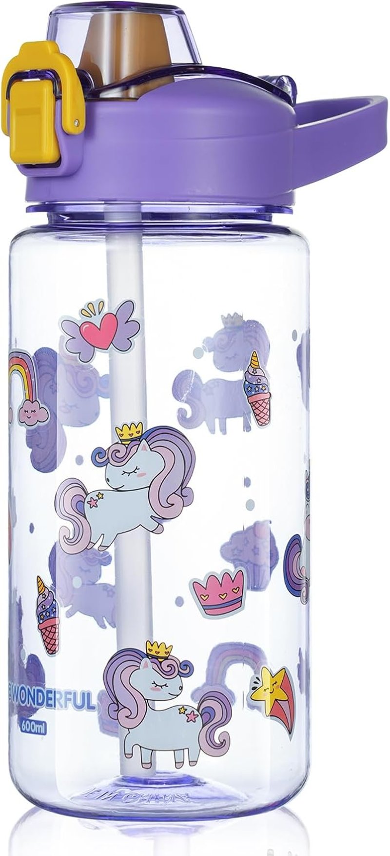 flintronic 600 ml Gyerek Ivópalack Szívószállal, BPA-Mentes Sportpalack Lányoknak és Fiúknak, Lila