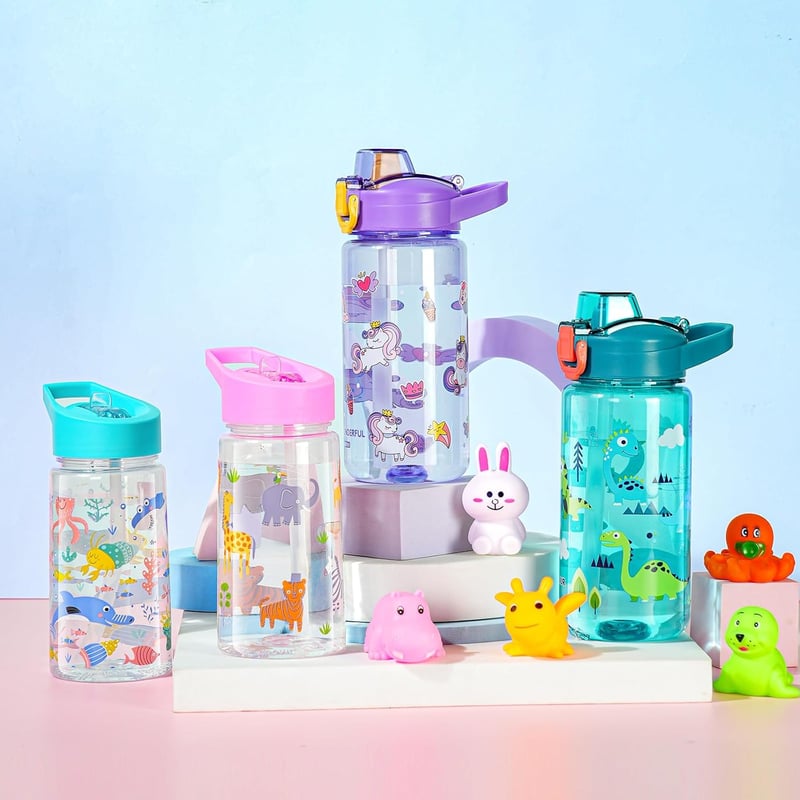 flintronic 600 ml Gyerek Ivópalack Szívószállal, BPA-Mentes Sportpalack Szivárgásmentes Fedéllel Kék