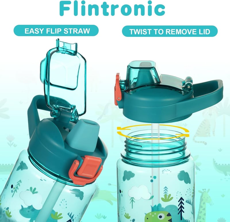 flintronic 600 ml Gyerek Ivópalack Szívószállal, BPA-Mentes Sportpalack Szivárgásmentes Fedéllel Kék