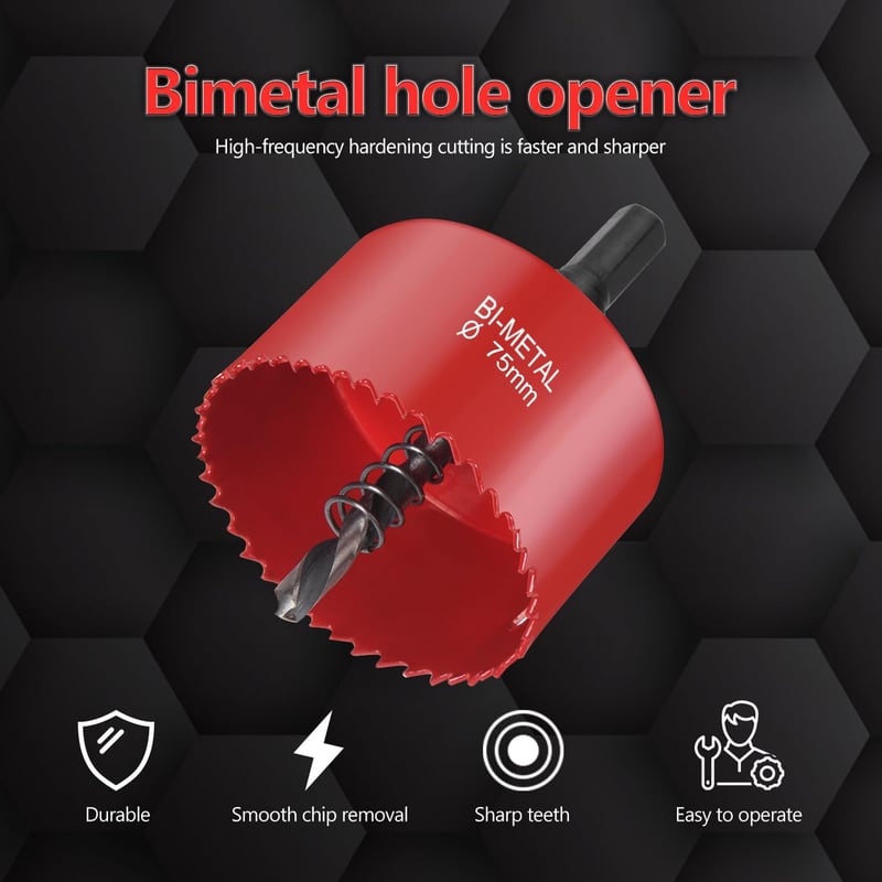 flintronic 75 mm Bi-metal koronafúró készlet 1/4 menetes fúróval és központozó rugóval alumíniumhoz fához PVC műanyaghoz hexkulccsal