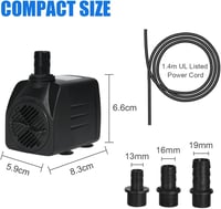 flintronic Akvárium és kerti tó búvárszivattyú 25 W 1500 l/h szökőkút szivattyú 3 fúvókával 13/16/19 mm, 1,4 m kábel, halk működés 5