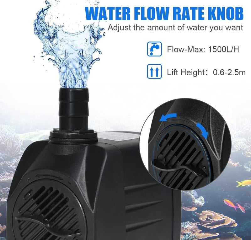 flintronic Akvárium és kerti tó búvárszivattyú 25 W 1500 l/h szökőkút szivattyú 3 fúvókával 13/16/19 mm, 1,4 m kábel, halk működés