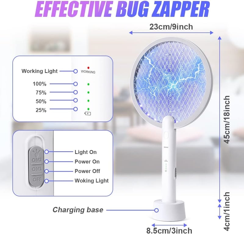 Flintronic elektromos szúnyogirtó teniszütő, 3000V, USB töltőállomással, LED fénnyel, rovarok, legyek, darazsak ellen, beltéri-kültéri haszn - #2 USB Charging Station (White)