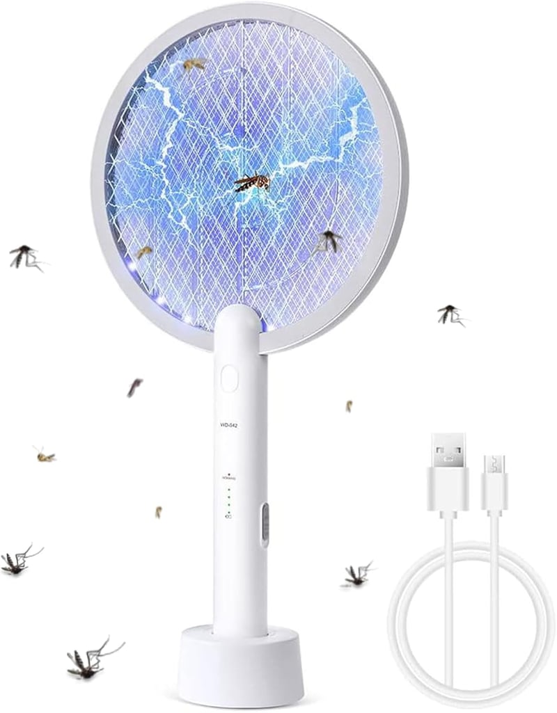 Flintronic elektromos szúnyogirtó teniszütő, 3000V, USB töltőállomással, LED fénnyel, rovarok, legyek, darazsak ellen, beltéri-kültéri haszn - #2 USB Charging Station (White)