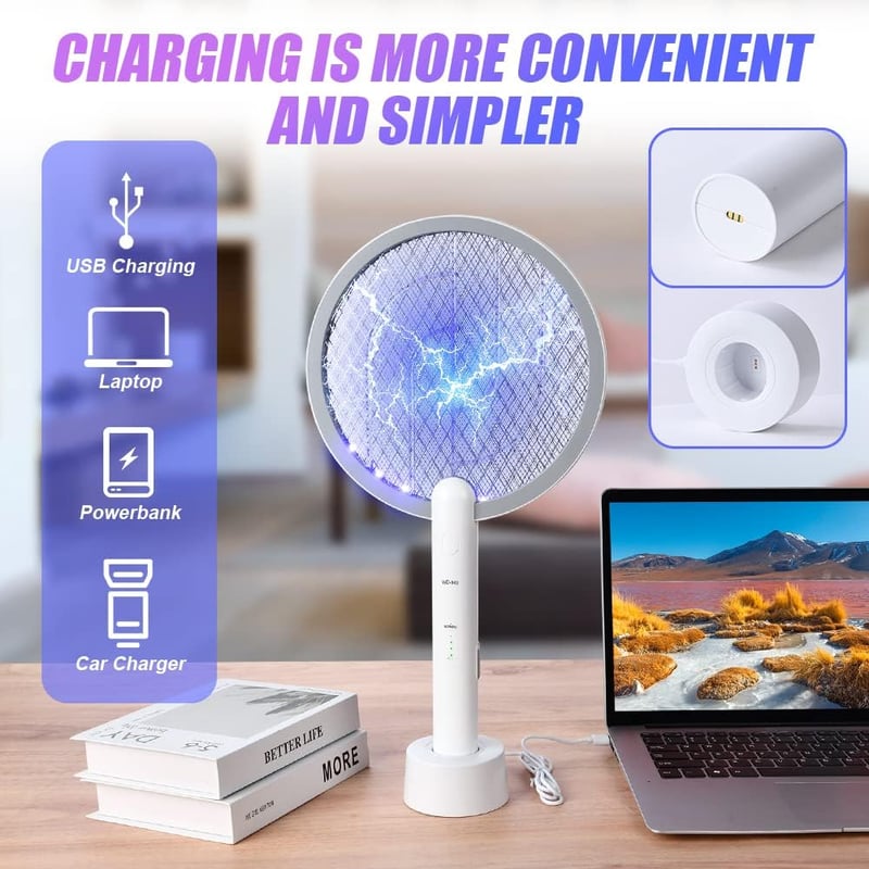 Flintronic elektromos szúnyogirtó teniszütő, 3000V, USB töltőállomással, LED fénnyel, rovarok, legyek, darazsak ellen, beltéri-kültéri haszn - #2 USB Charging Station (White)