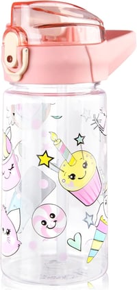 flintronic Gyermek Kulacs 500ml - BPA-mentes Szívószálas Ivópalack Szivárgásmentes Fedéllel, Rózsaszín Sportpalack Iskolába, Kiránduláshoz 1