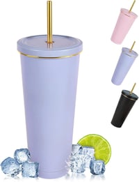 flintronic Hőszigetelt Termobögre 750ml - Dupla Falú Rozsdamentes Acél Kulacs Szívószállal, Szivárgásmentes Ivópohár Kávéhoz, Teához, Hideg- 1