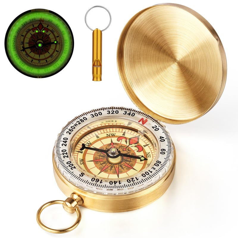 Busolă de exterior flintronic, busolă de buzunar din cupru, rezistentă la apă, cu indicator luminos, busolă vintage din metal cu scală de precizie, pentru drumeții, călătorii, camping