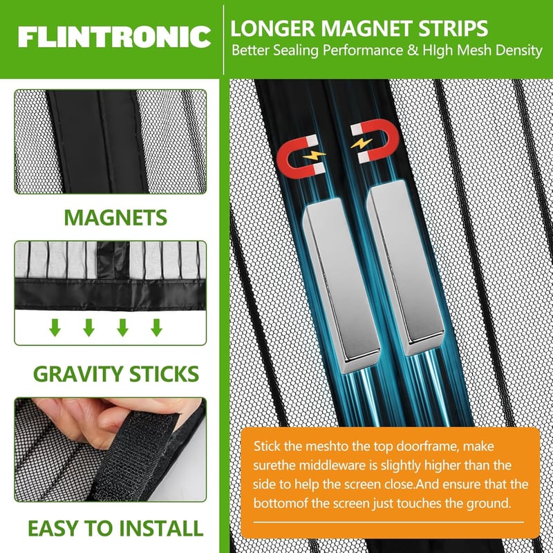 Flintronic Mágneses Szúnyogháló Ajtóra 100x200cm, Fekete Rovarháló Függöny Erkély Terasz Pince Ajtóhoz, Fúrás Nélkül