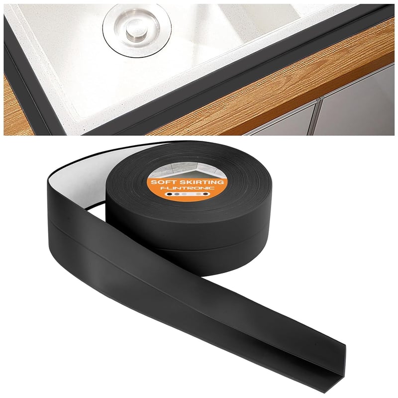 flintronic Puha Szegélyléc 10m x 38mm Fekete, Öntapadós PVC Lábazati Szalag, Rugalmas Tömítőcsík Falhoz