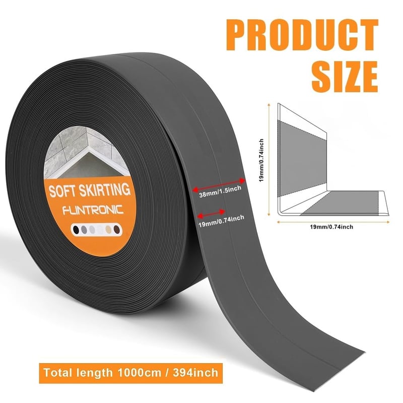 flintronic Puha Szegélyléc 10m x 38mm Fekete, Öntapadós PVC Lábazati Szalag, Rugalmas Tömítőcsík Falhoz