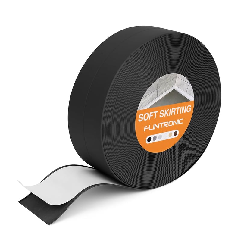 flintronic Puha Szegélyléc 10m x 38mm Fekete, Öntapadós PVC Lábazati Szalag, Rugalmas Tömítőcsík Falhoz