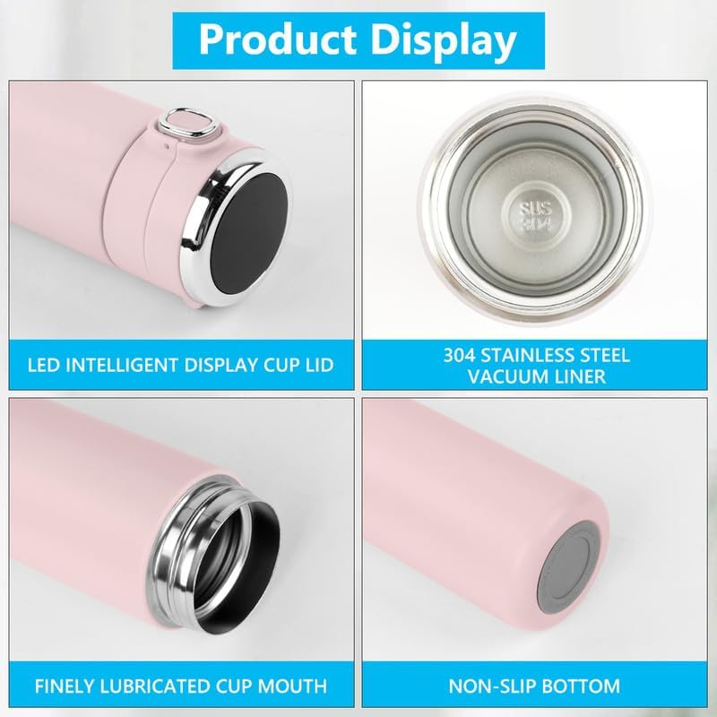 Flintronic Termosz 450ml - Rozsdamentes Acél Hőszigetelt Kulacs LED Hőmérséklet Kijelzővel, BPA-mentes Vákuumszigetelt Pohár