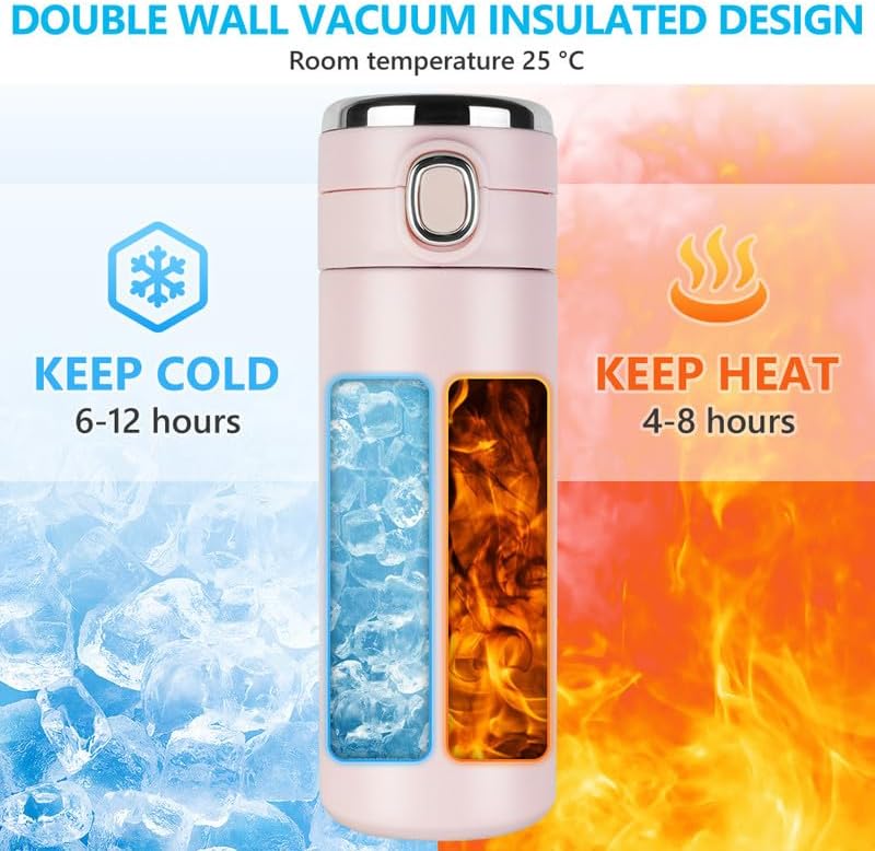 Flintronic Termosz 450ml - Rozsdamentes Acél Hőszigetelt Kulacs LED Hőmérséklet Kijelzővel, BPA-mentes Vákuumszigetelt Pohár