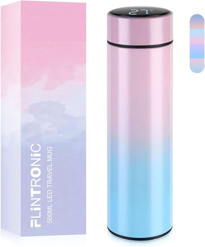 Flintronic Termosz 500ml - Rozsdamentes Acél Hőtartó Kulacs LCD Hőmérséklet Kijelzővel, Mosogatógépben Mosható, BPA-mentes Okos Termobögre H