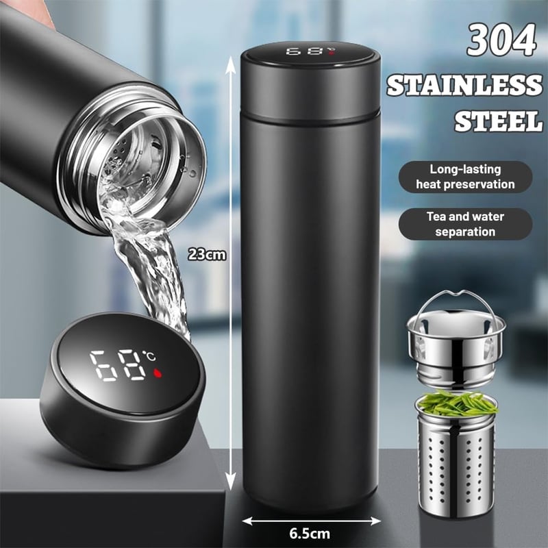Flintronic Termosz 500ml - Vákuumszigetelt Rozsdamentes Acél Kulacs LCD Hőmérséklet Kijelzővel - Szivárgásmentes Ivópalack Hideg-Meleg Italo