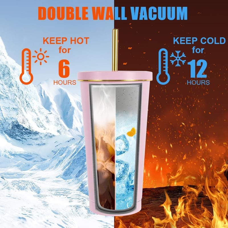 flintronic Vákuum Izolált Rozsdamentes Pohár 500ml Szívószállal és Fedővel