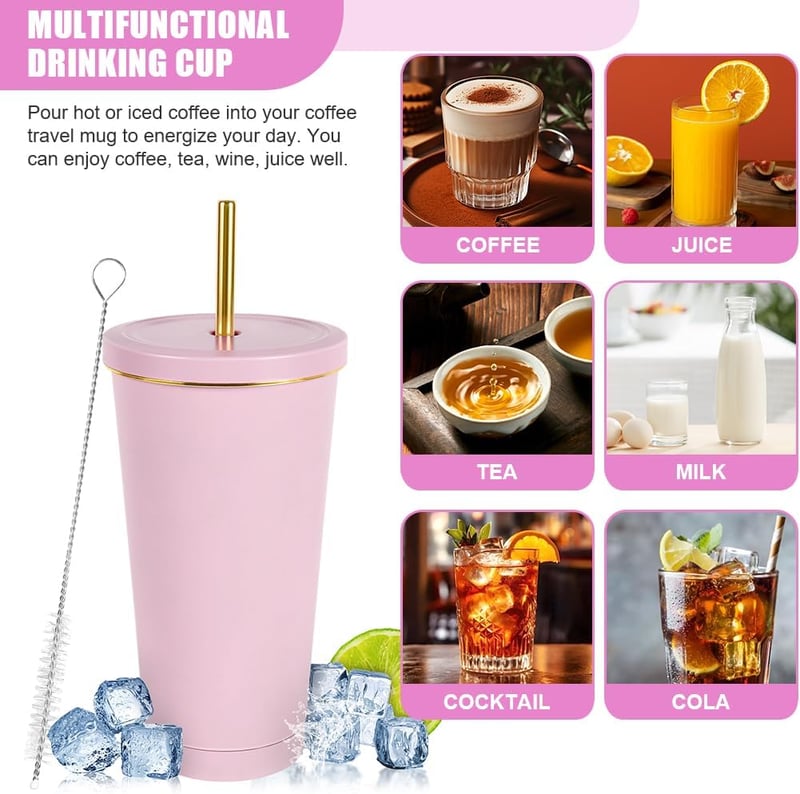 flintronic Vákuum Izolált Rozsdamentes Pohár 500ml Szívószállal és Fedővel