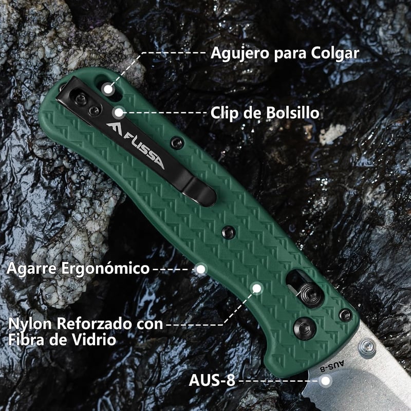 FLISSA összecsukható zseb kés 190 mm AUS-8 acél zöld EDC kemping túrázás utazás