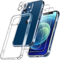 FLLAO 4 v 1 puzdro pre iPhone 12, priehľadné, 2x tvrdené sklo a kryt na fotoaparát, nárazuvzdorný TPU rám so vzduchovými vankúšikmi, 6,1 palca 1