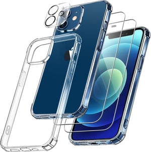 FLLAO 4 u 1 maskica za iPhone 12, prozirna, 2 zaštitna kaljena stakla i zaštita za kameru, TPU bumper otporan na udarce sa zračnim jastucima, 6,1 inča