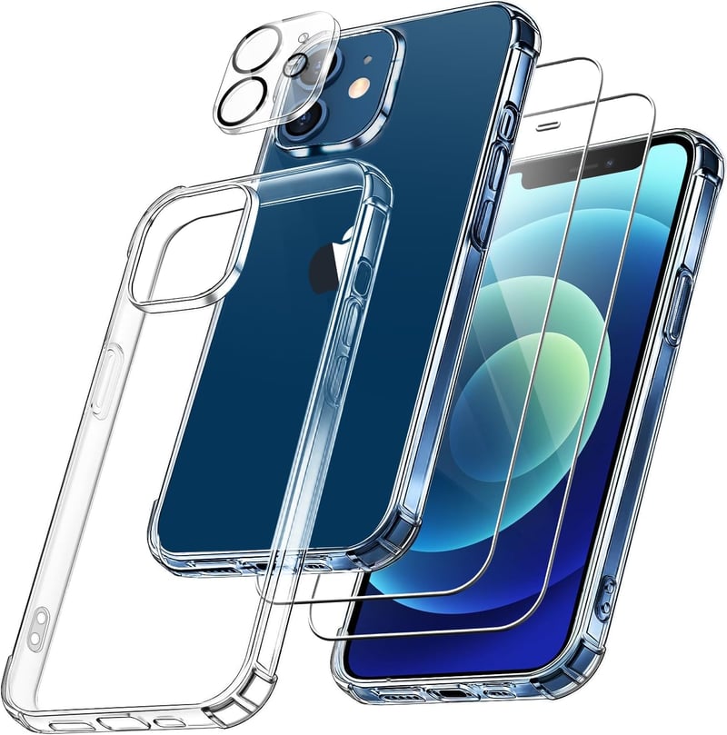FLLAO 4 v 1 puzdro pre iPhone 12, priehľadné, 2x tvrdené sklo a kryt na fotoaparát, nárazuvzdorný TPU rám so vzduchovými vankúšikmi, 6,1 palca