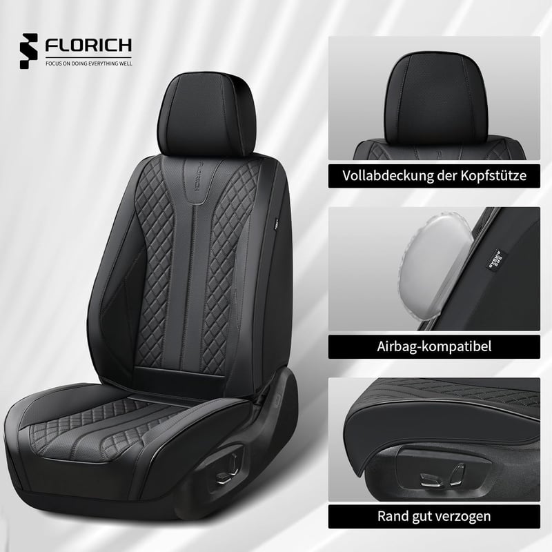 FLORICH Autó Üléshuzat Szett 5 Részes PU Bőr Vízálló Univerzális - Whole set, black