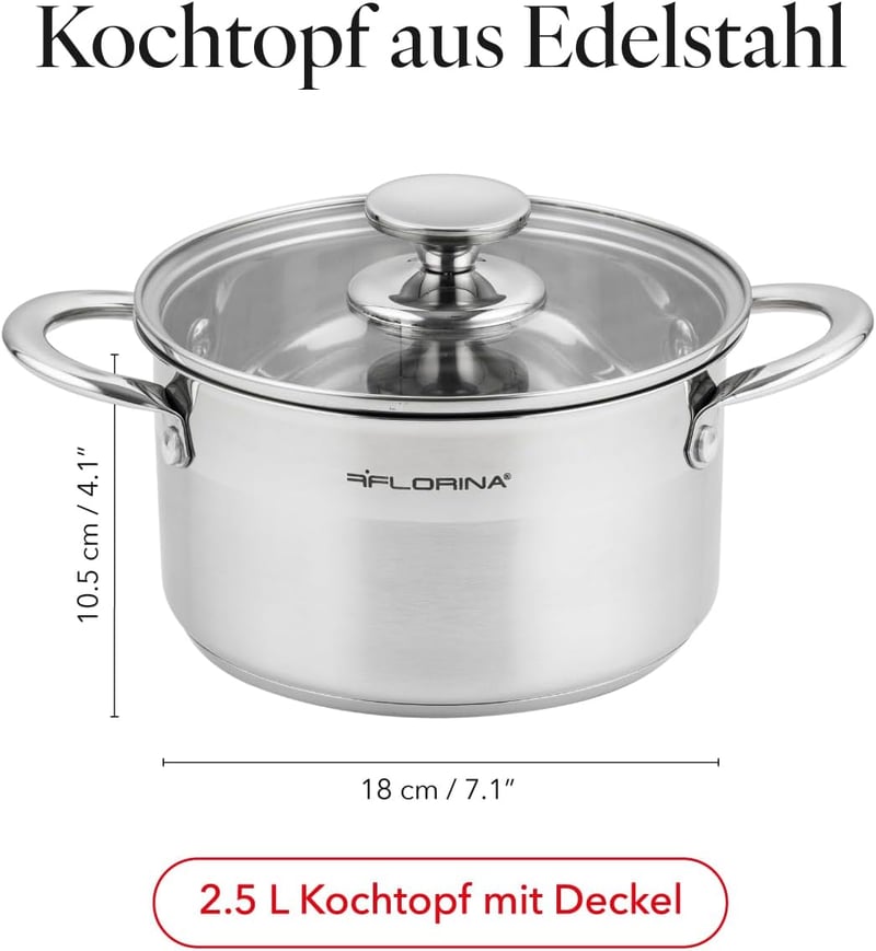 FLORINA Falcon rozsdamentes edény 2,5 L üvegfedővel és mérőskálával - 2.5 liter - 18 cm, Falcon