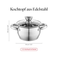 Cratiță din oțel inoxidabil Florina Oliver cu capac din sticlă, 14 cm, 1,3 L, compatibilă cu plite pe inducție, gaz, electrice și vitroceramice, cu scală de măsurare interioară, lavabilă în mașina de spălat vase 3
