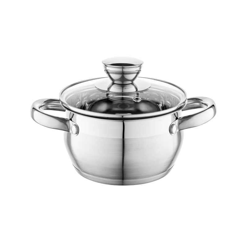 Cratiță din oțel inoxidabil Florina Oliver cu capac din sticlă, 14 cm, 1,3 L, compatibilă cu plite pe inducție, gaz, electrice și vitroceramice, cu scală de măsurare interioară, lavabilă în mașina de spălat vase