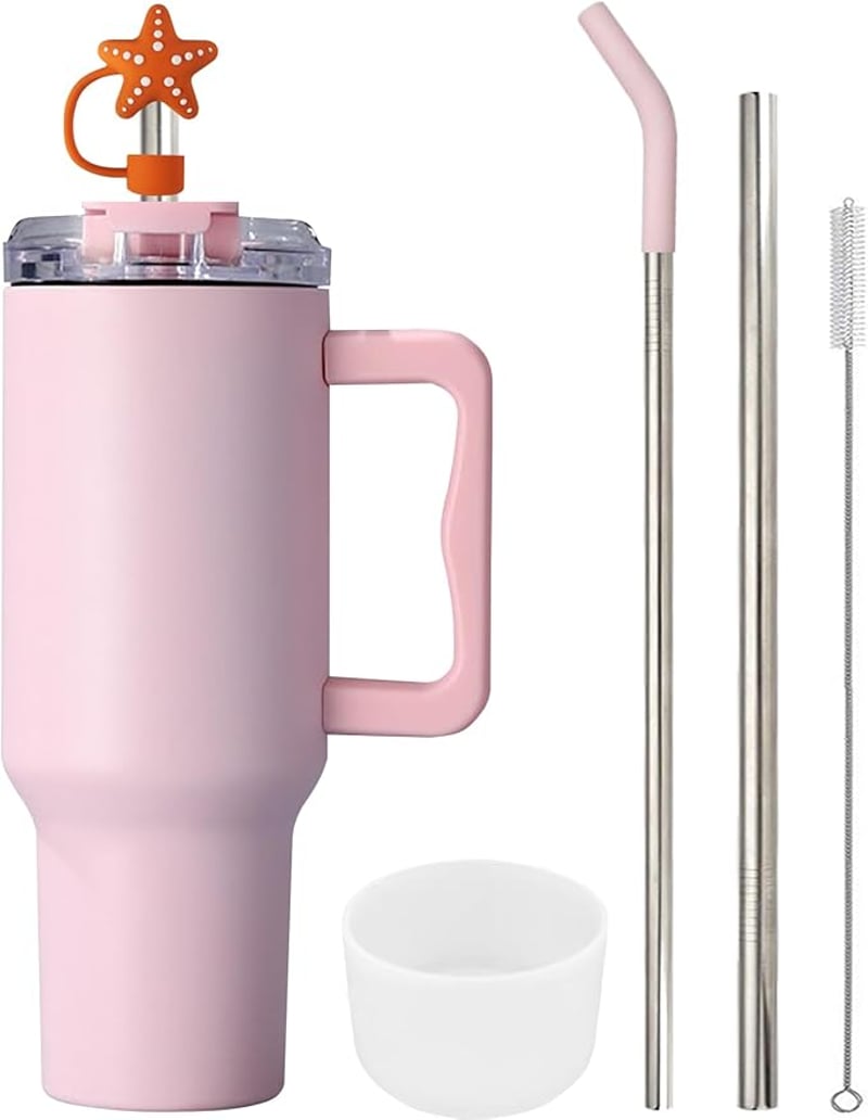 FloweryOcean 1200 ml Termosz Bögre Fogantyúval és Szívószállal - 100% Szivárgásmentes Dupla Falú Vákuumszigetelt Rozsdamentes Acél Pohár Mel