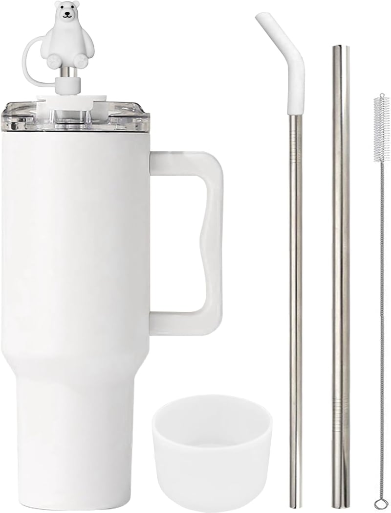 FloweryOcean 1200 ml Termosz Bögre Fogantyúval és Szívószállal - 100% Szivárgásmentes Dupla Falú Vákuumszigetelt Rozsdamentes Acél Pohár Mel