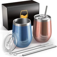 FloweryOcean Rozsdamentes Acél Boros Pohár Szett - 2db 12oz Hőszigetelt Pohár Fedéllel, 5 Óra Meleg/10 Óra Hideg Italtartás, BPA-mentes, Kem 1
