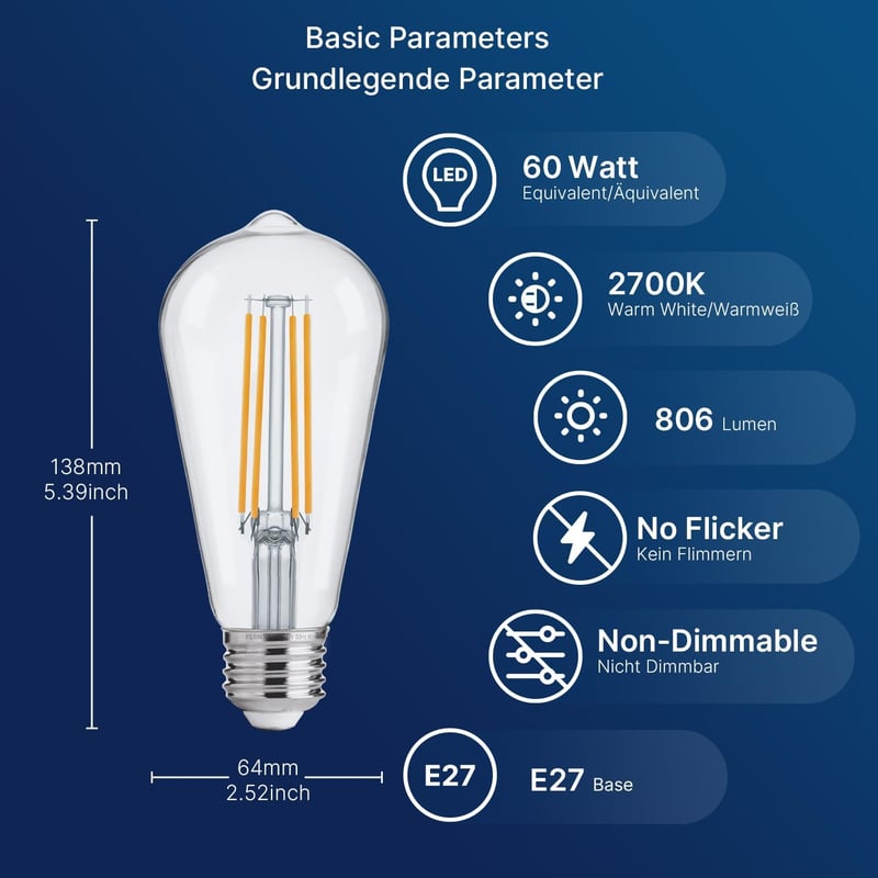 FLSNT E27 LED Vintage Izzó Mozgásérzékelős Automatikus 7W Meleg Fehér 2700K 2db