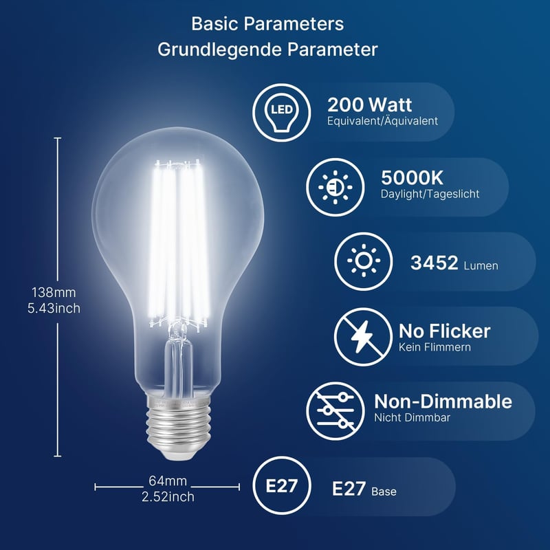 FLSNT LED Edison E27 izzó 18W 3452 lumen nappali fény 5000K 2db