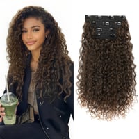 Flufymooz Clip-in predlžovanie vlasov 4 ks, 100% proteínové hodvábne vlákno, 40 cm kučeravé, prírodný vzhľad - tmavá mandľovo-hnedá s medeným odtieňom 1