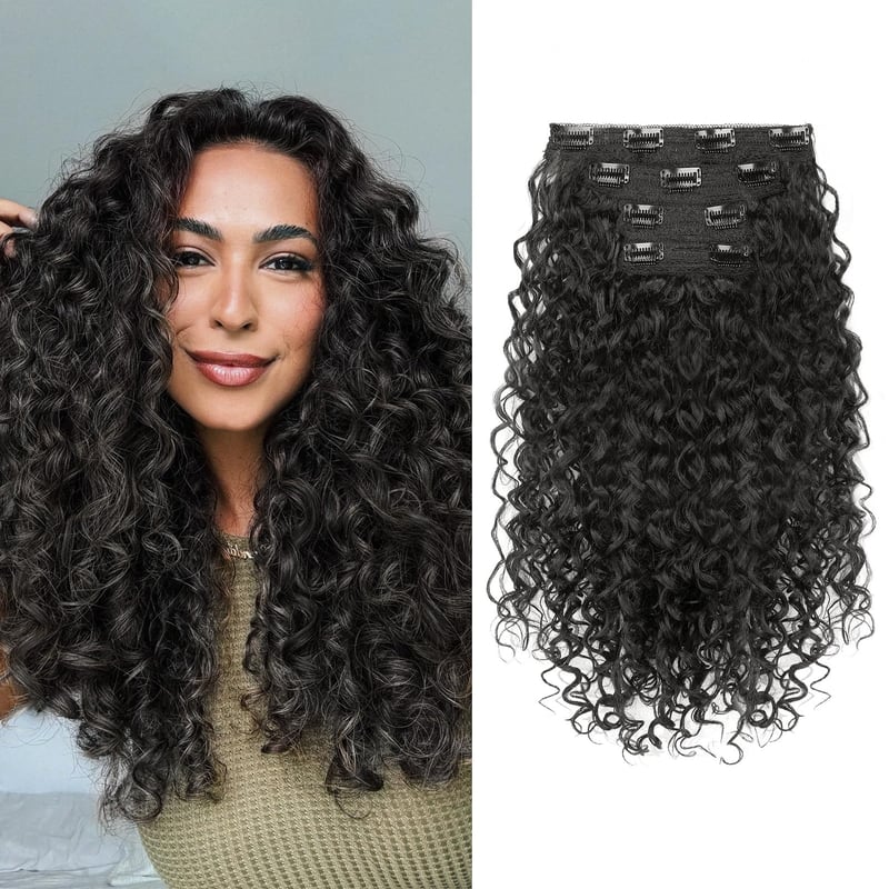 Flufymooz Clip-in predlžovanie vlasov, 4 ks, 100 % proteínové hodvábne kučeravé prírodné príčesky, 40 cm, pre ženy, čierno-hnedé