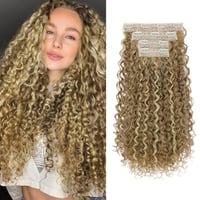 Flufymooz Clip-in predlžovanie vlasov, 4 ks, 100% proteínový hodváb, 50 cm, vlnité, ťavej hnedej farby s blond melírom, prirodzené vlasové príčesky pre ženy 1