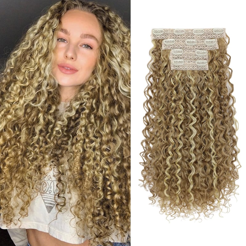 Flufymooz Clip-in predlžovanie vlasov, 4 ks, 100% proteínový hodváb, 50 cm, vlnité, ťavej hnedej farby s blond melírom, prirodzené vlasové príčesky pre ženy